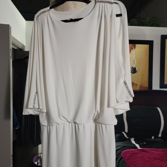 Cache White Dress with Rhinestones on the 3/4 sleeves. Length short.  This dress - Picture 2 of 8